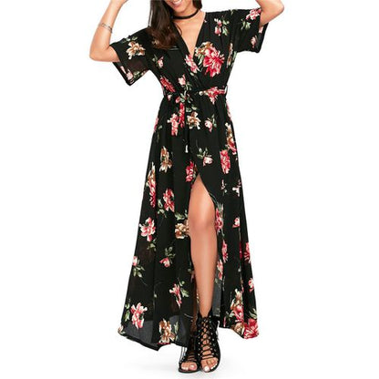 Vintage Crushed Flower Deep V-neck High Open Fork Short-sleeved Holiday Beach Dress Women Dresses