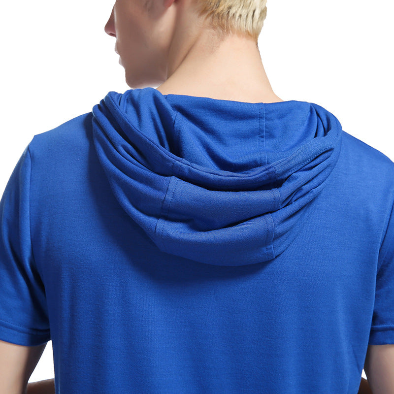 Men's Hip-Hop Street Style Double Zipper Long Hooded Short Sleeves T-shirt
