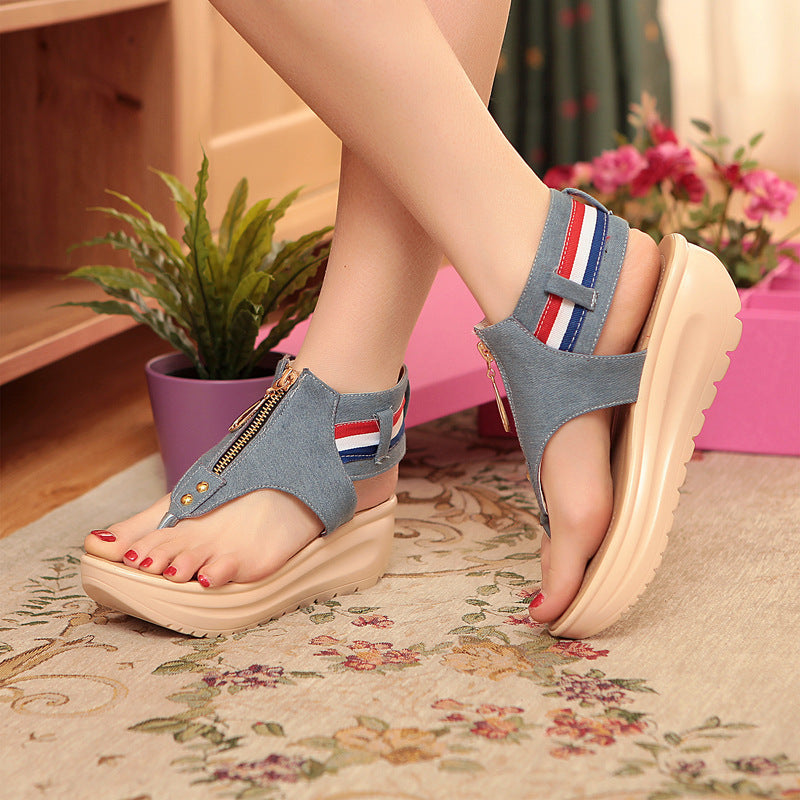 Denim T Strap Women Platform Sandals Wedge Heels Shoes for Summer 4419