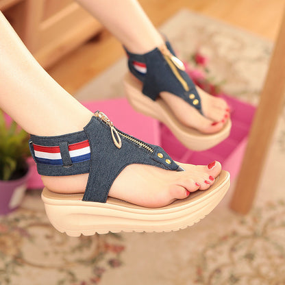 Denim T Strap Women Platform Sandals Wedge Heels Shoes for Summer 4419