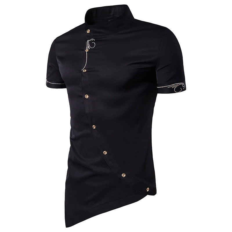 Men's Hollow Out Personality Helical Placket Pointed Hem Tuxedo Short Sleeves Stand-Up Collar Shirts
