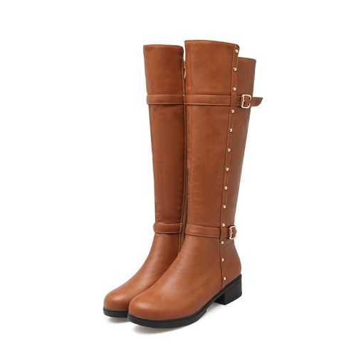 Round Toe Buckle Rivets Women Mid Heel Knee High Boots