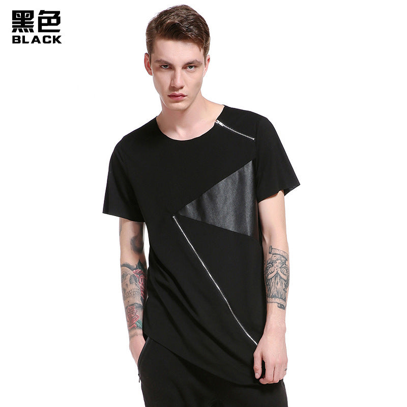 Men's Street Style Hip-Hop Round Neck Fashion Short Sleeves Specialty Hem Zipper Split Joint T-shirt