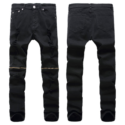 Worn-out Hole Mid Waist Straight Leg Zipper Jeans for Men