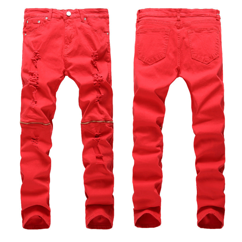 Worn-out Hole Mid Waist Straight Leg Zipper Jeans for Men