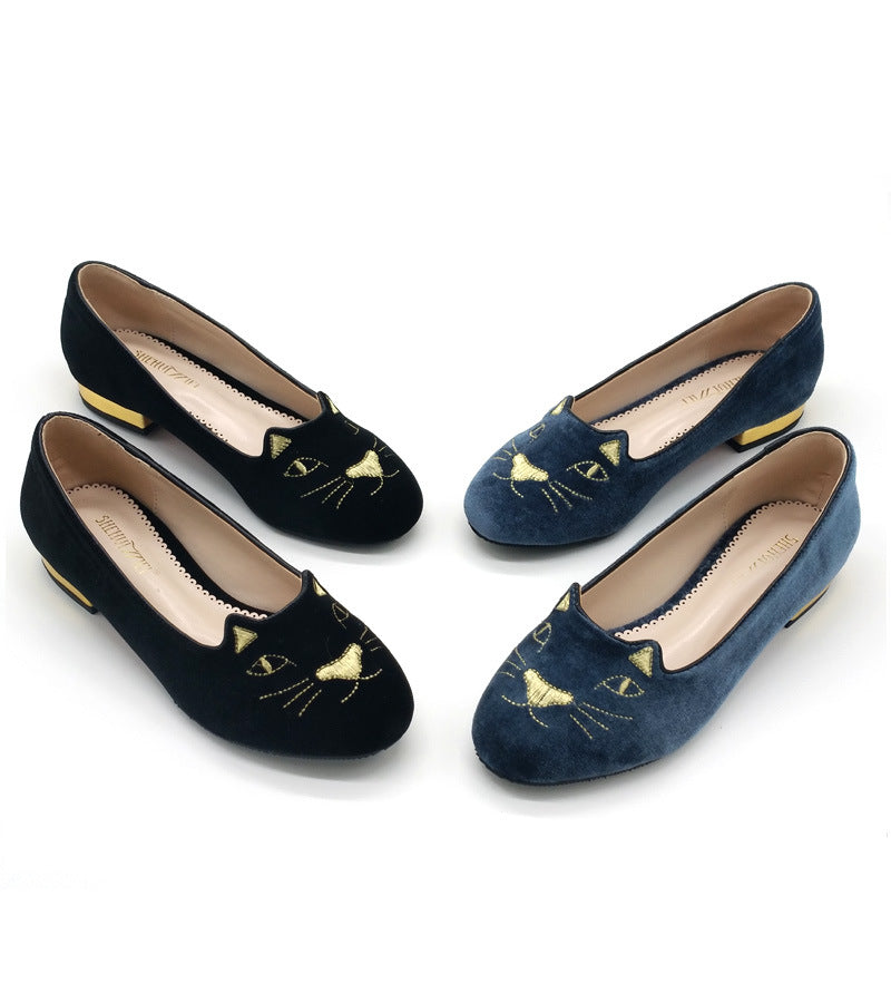 Embroidery Cat Black Slip On Flats Shoes 1550
