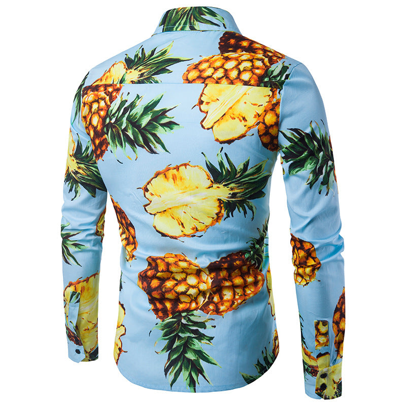 Men's Personality Beach Pineapple Printing Casual Turndown Long Sleeves Shirts