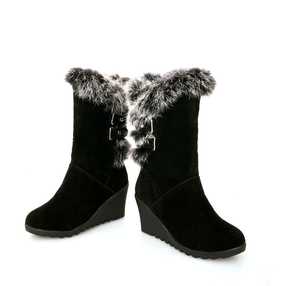 Rabbit Fur Wedge Heeled Mid Calf Boots 4105