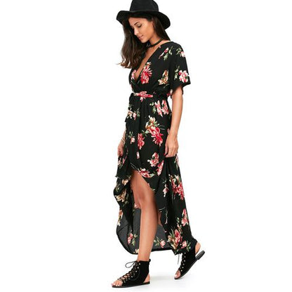 Vintage Crushed Flower Deep V-neck High Open Fork Short-sleeved Holiday Beach Dress Women Dresses