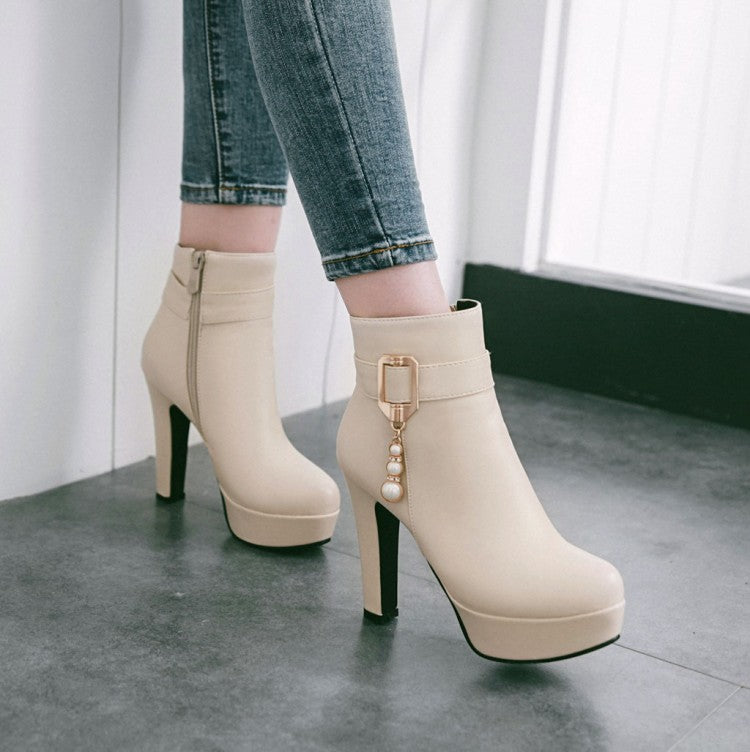 Pu Leather Chunky Heels Short Boots Plus Size Women Shoes 6168