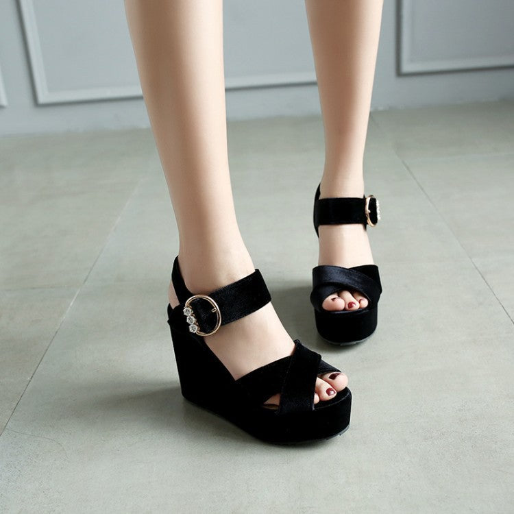 Velvet Women Platform Sandals Wedge Heels Shoes for Summer 4285