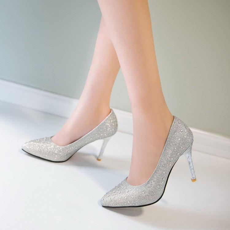 Pointed Toe Rhinestone Pumps Women Stiletto High Heels Wedding Shoes 6031