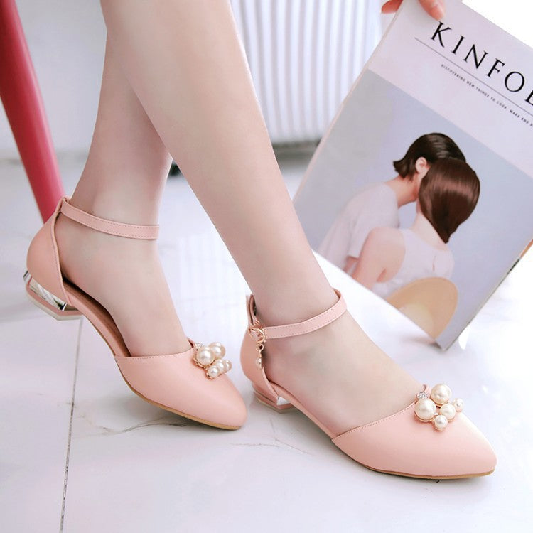 Ankle Strap Pearl Toe Covered Women Flat Shoes 1941