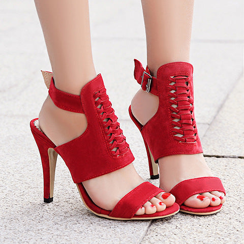Ankle Strap Open Toe Flock Sandals High Heels Shoes Woman 1123