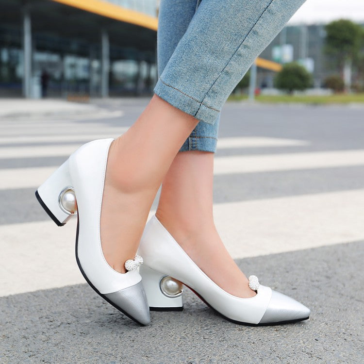 Pointed Toe Rhinestone Chunky Heels Women Shoes 3561