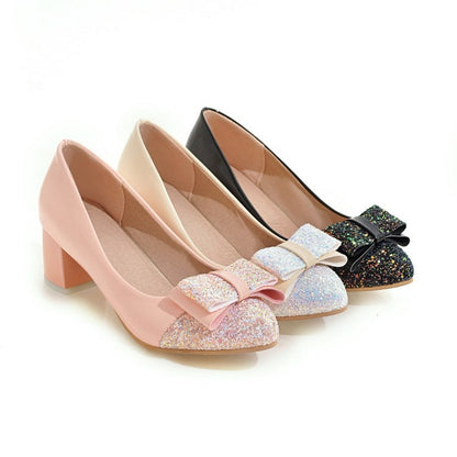 Sequin Bow Medium Chunky Heel Shoes for Woman 9000