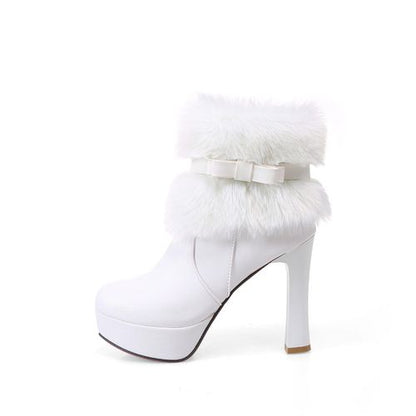 Women Bow Tie High Heels Short Boots Winter Shoes