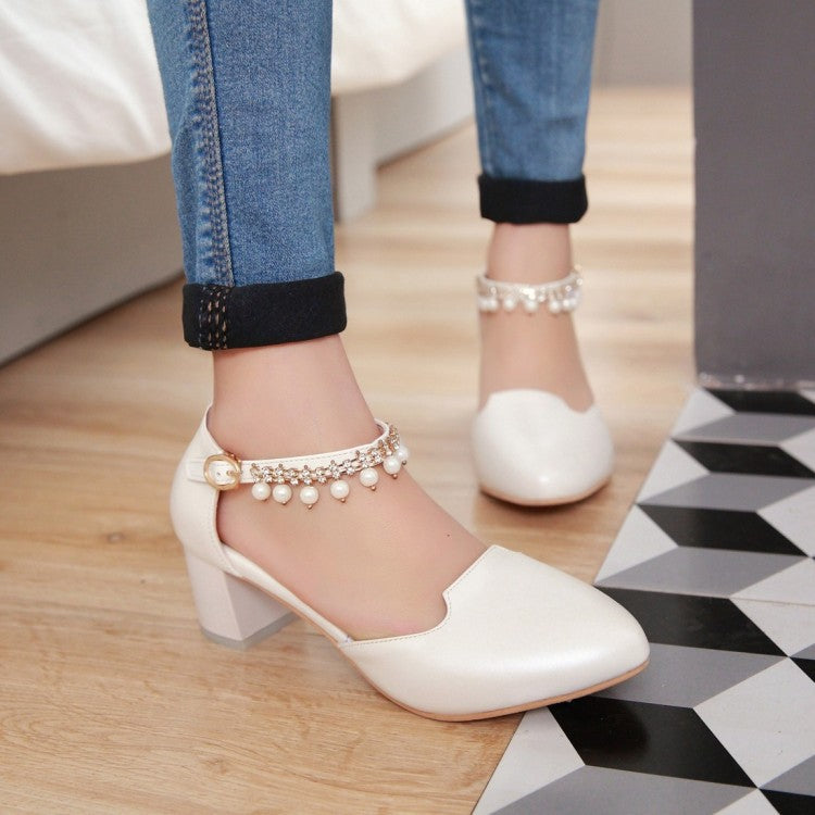 Women's Pearl Ankle Straps Rhinestone Sandals Dress Shoes for Summer 5546