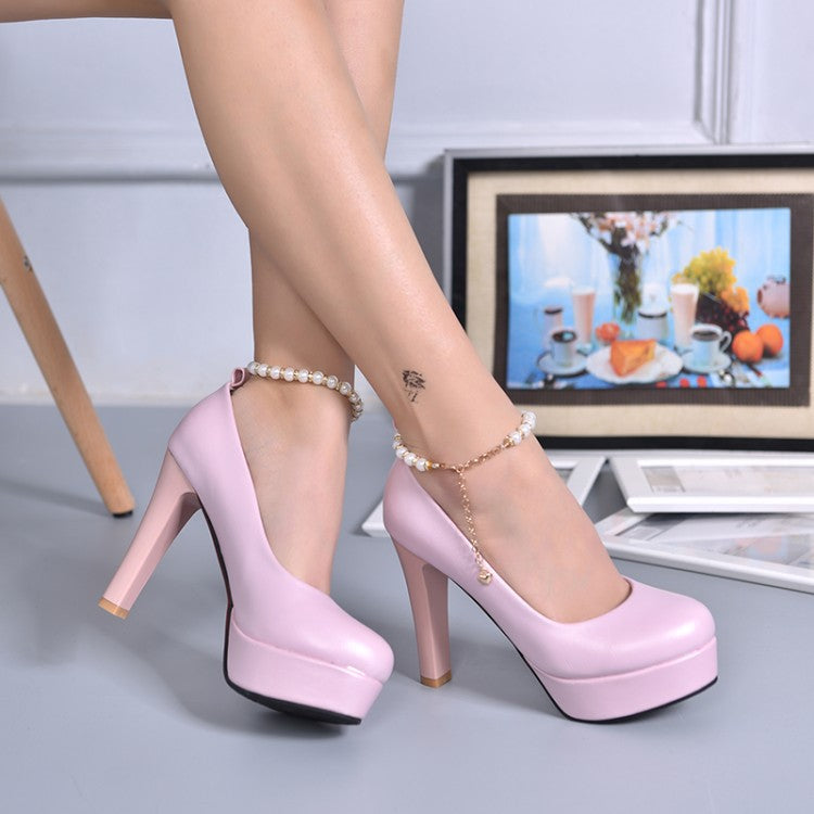 Pearl Chain Ankle Straps Platform High Heel Shoes Woman 6805