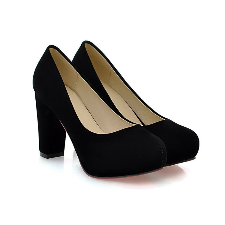 Women's High Heel Flock Chunky Heel Pumps Shoes 6356