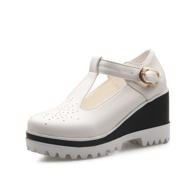 T Straps Platform Wedges Heels Shoes for Women 5304