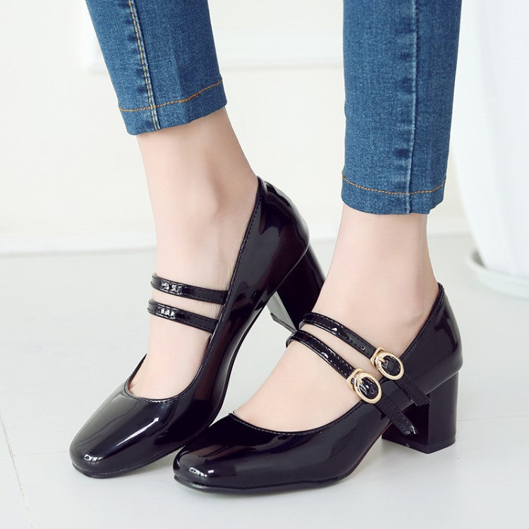 Double Straps Women Pumps Mid Chunky Heels Shoes 7684
