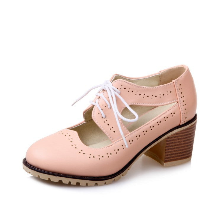 Lace Up Carving Chunky High Heel Shoes Woman 7429 – meetfun