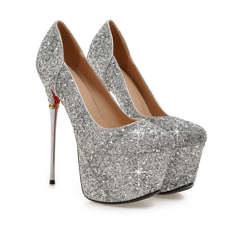 Pointed Toe Sequin Platform Pumps High Heels Women Wedding Shoes 5064