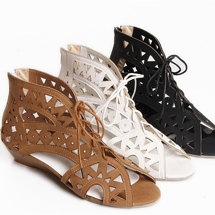 Women Peep Toe Lace Up Flat Sandals Shoes 1552