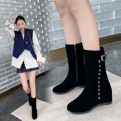 Women Rivets Buckle Wedges Mid Calf Boots Winter Shoes