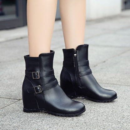 Women Buckle Wedges Heeled Short Boots Winter Shoes