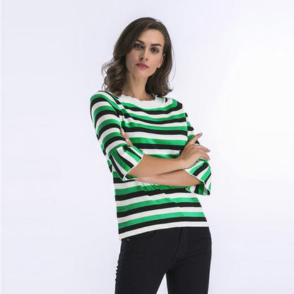 Horn Sleeve Striped Sweater Women's Spring Trim Round Collar Mid-sleeve Knitwear