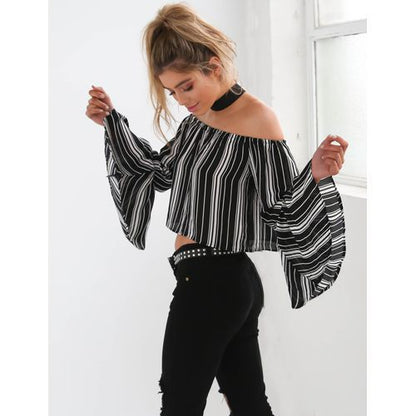 Off Shoulder Sexy Stripe Chiffon Fashion Bell Long Sleeves Women T Shirts