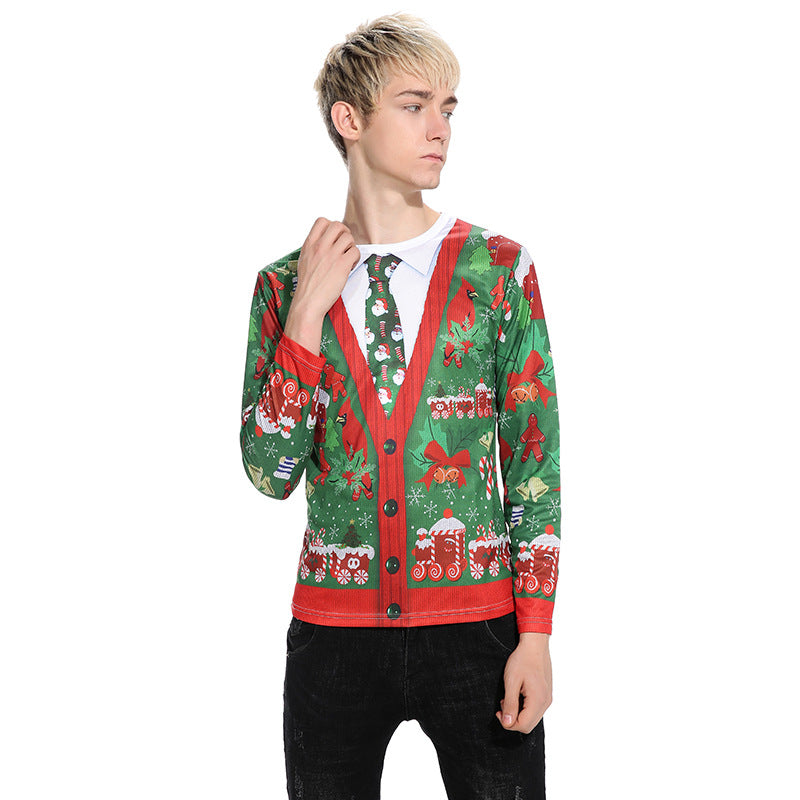Christmas Tree 3D Fake Two-piece Tie Printing  Men's Long-sleeved T-shirt