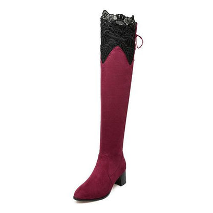 Lace Velvet Women High Heel Knee High Boots