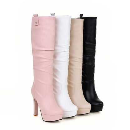 Women PU Leather High Heels Platform Knee High Boots