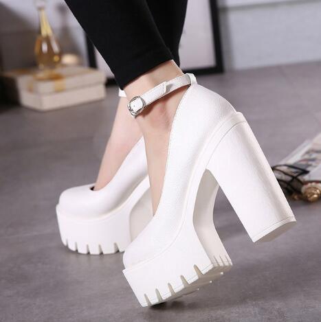 Round Toe Ankle Straps Chunky Heels Pumps Platform Shoes 4813