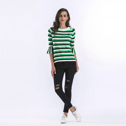 Horn Sleeve Striped Sweater Women's Spring Trim Round Collar Mid-sleeve Knitwear