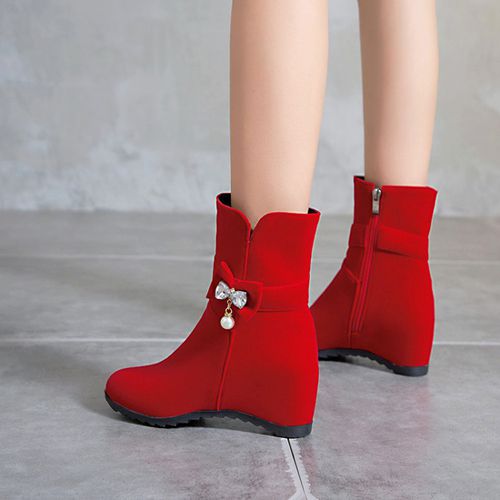 Women Bow Tie Pearl Wedges Short Boots Winter Shoes