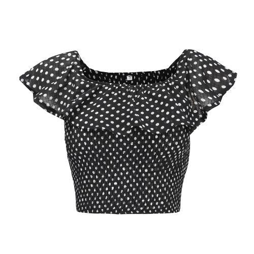 Dots Sexy Off Shoulder Flounce Elasticity Short Navel-baring Women T Shirts