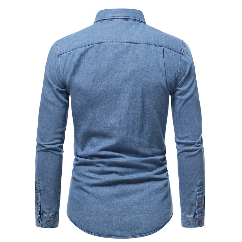 Men's Pocket Bleached Effect Turndown Collar Chambray Shirt
