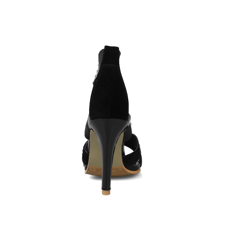 Women Rhinestone Peep Toe Spike Heels Gladiator Sandals Shoes MF5433