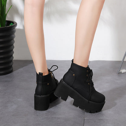 Round Toe Lace Up Platform Motorcycle Boots 3777