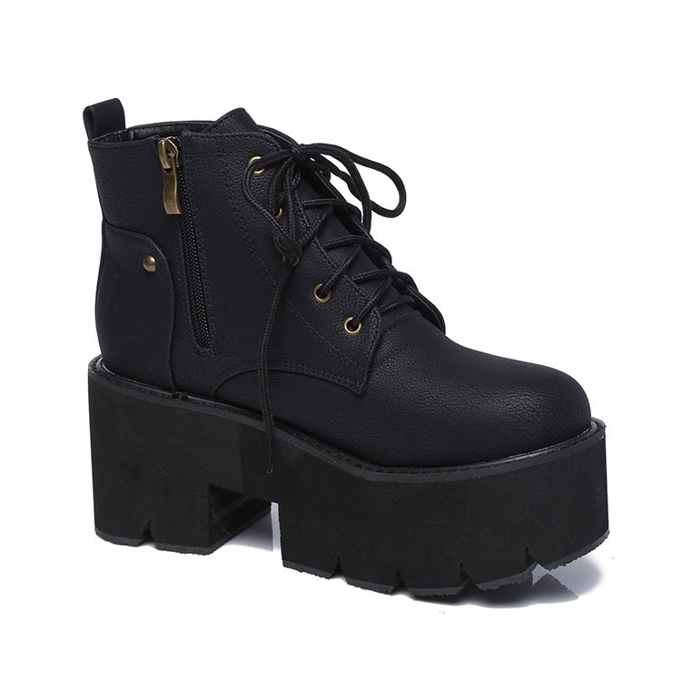 Round Toe Lace Up Platform Motorcycle Boots 3777