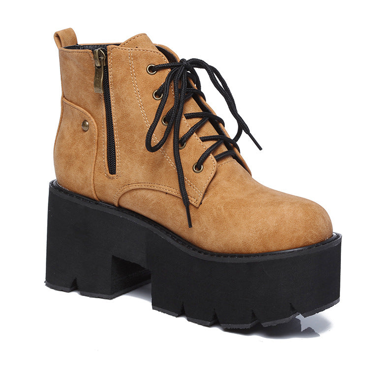 Round Toe Lace Up Platform Motorcycle Boots 3777