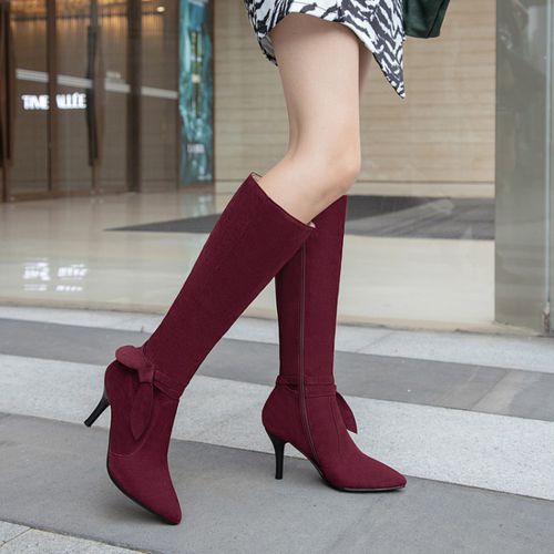 Pointed Toe Bow Tie Women High Heel Knee High Boots