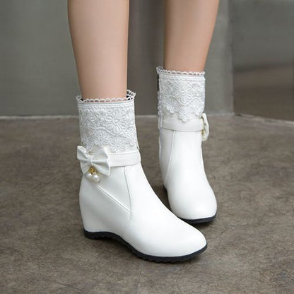 Women Lace Pearl Wedges Short Boots Winter Shoes