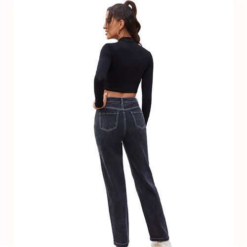 Ins Fashion High Waist Black Denim Straight Long Women Jeans