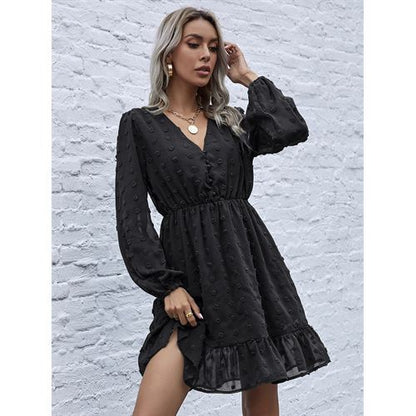 Fashion V-neck Beam Waist Chiffon Flounce Winter Fall Women's Dresses