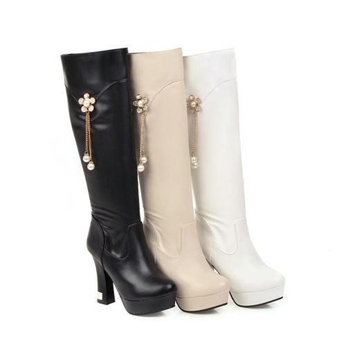 Women Pearl Flower High Heels Platform Knee High Boots